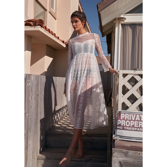 Boho Vintage Sheer Lace Midi Dress Flare Sleeves - Picture 6 of 8